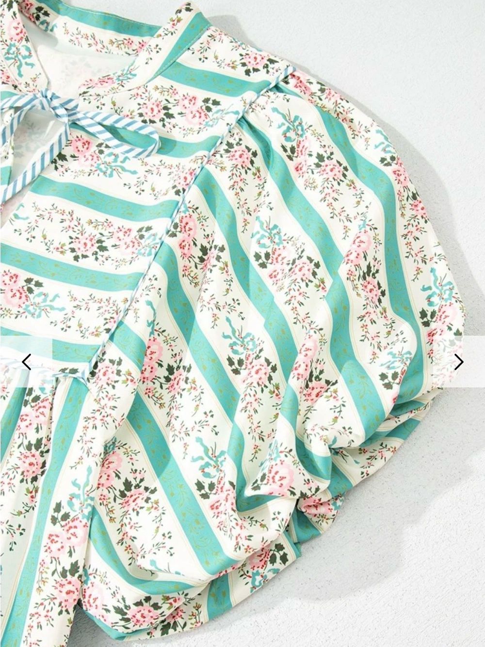 Striped Teal & White Floral Maxi Dress with Puff Sleeves - Picture 10 of 13